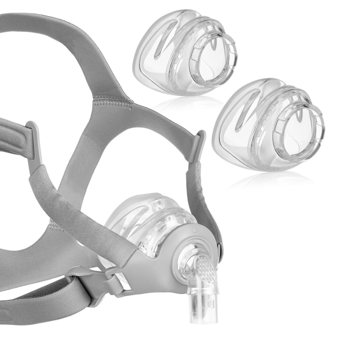 Siesta Nasal CPAP Mask FitPack with Headgear, featuring a lightweight, flexible design with adjustable headgear and multiple nasal cushion sizes for a customized, comfortable fit.