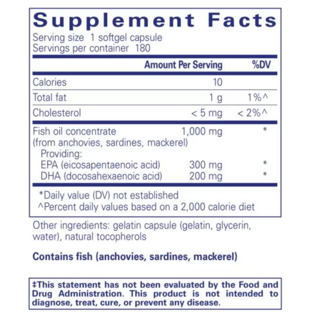 Ultra-pure, microfiltered fish oil concentrate; support for cardiovascular health and daily wellness. Supports joint health, flexibility and comfort. Promotes connective tissue integrity. Helps maintain healthy blood flow, platelet and arterial smooth muscle cells.