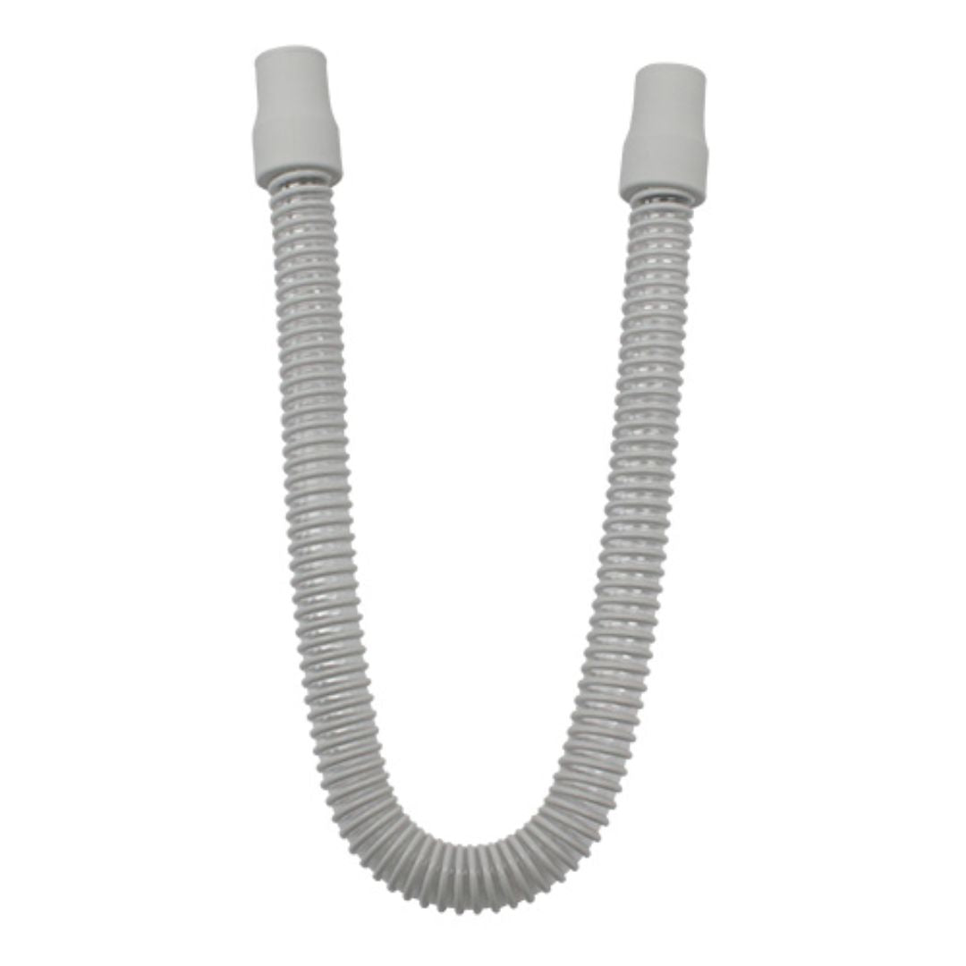 A 2-foot long CPAP tubing with a 22mm cuff, designed for compatibility with most CPAP, BiPAP, and BiLevel systems. Features a smooth bore interior and corrugated exterior for flexibility and airflow, with durable TPR cuffs and low memory to prevent kinks. Latex-free and compliant with HCPCS code A7037.