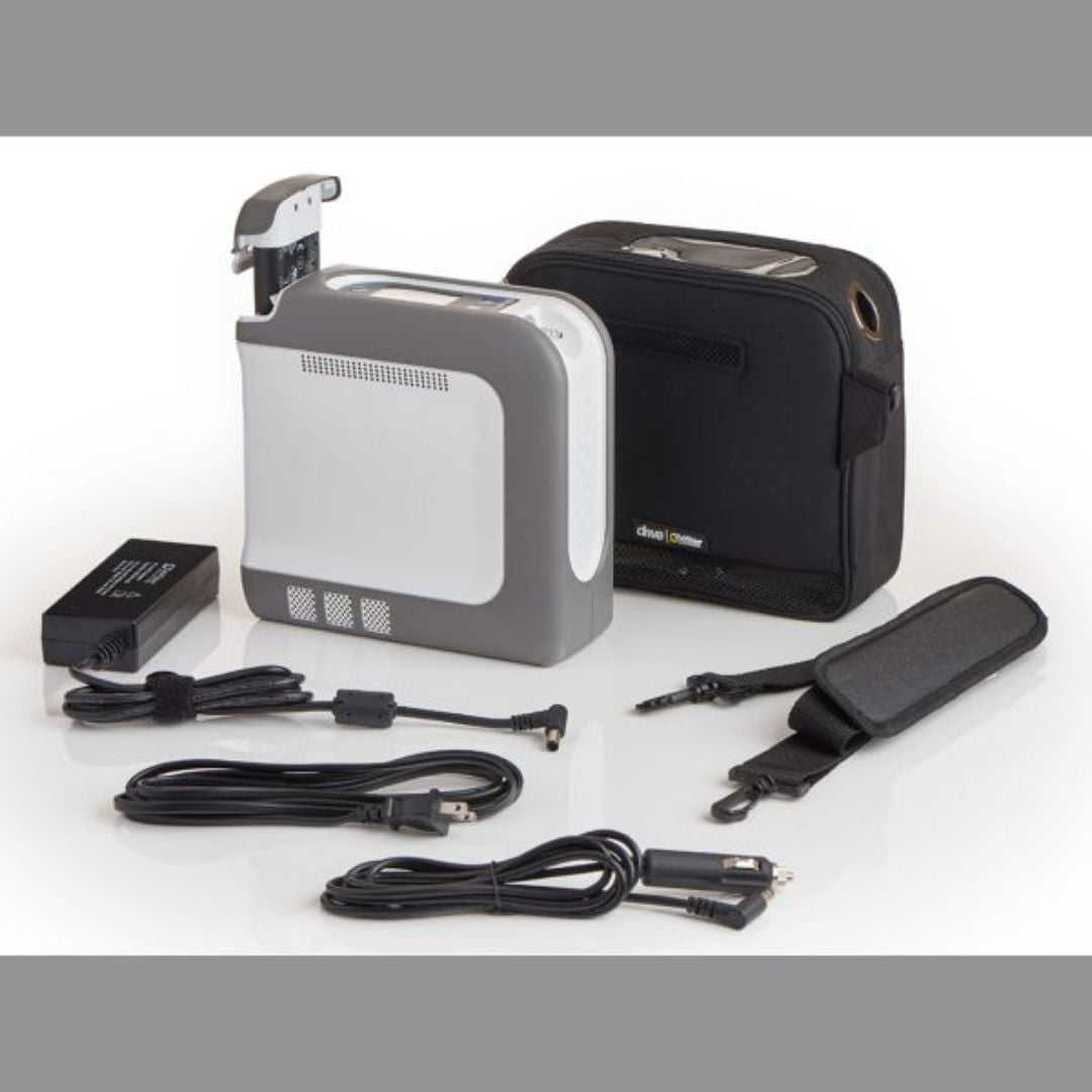 Drive DeVilbiss iGo2 Portable Oxygen Concentrator Bundle with Pulse Dose Technology, featuring SmartDose Technology, lightweight design, and FAA compliance for easy travel.
