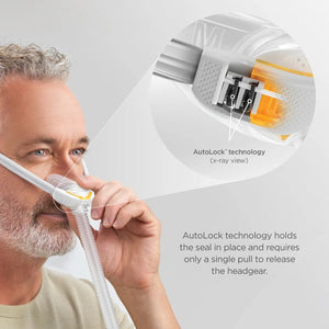 Person demonstrating the Fisher & Paykel F&P Solo Nasal Pillow CPAP Mask with AutoFit headgear and AutoLock technology, showing how the mask maintains a secure seal for effective sleep apnea therapy.