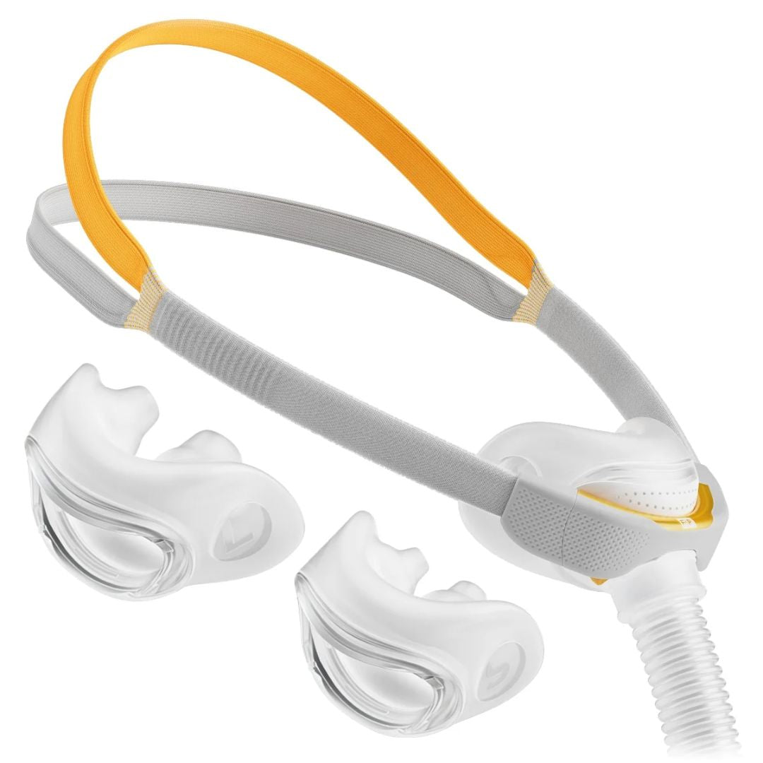 Fisher & Paykel F&P Solo Nasal Pillow CPAP Mask FitPack featuring AutoFit headgear and interchangeable Small, Medium, and Large nasal pillow cushions for sleep apnea therapy.