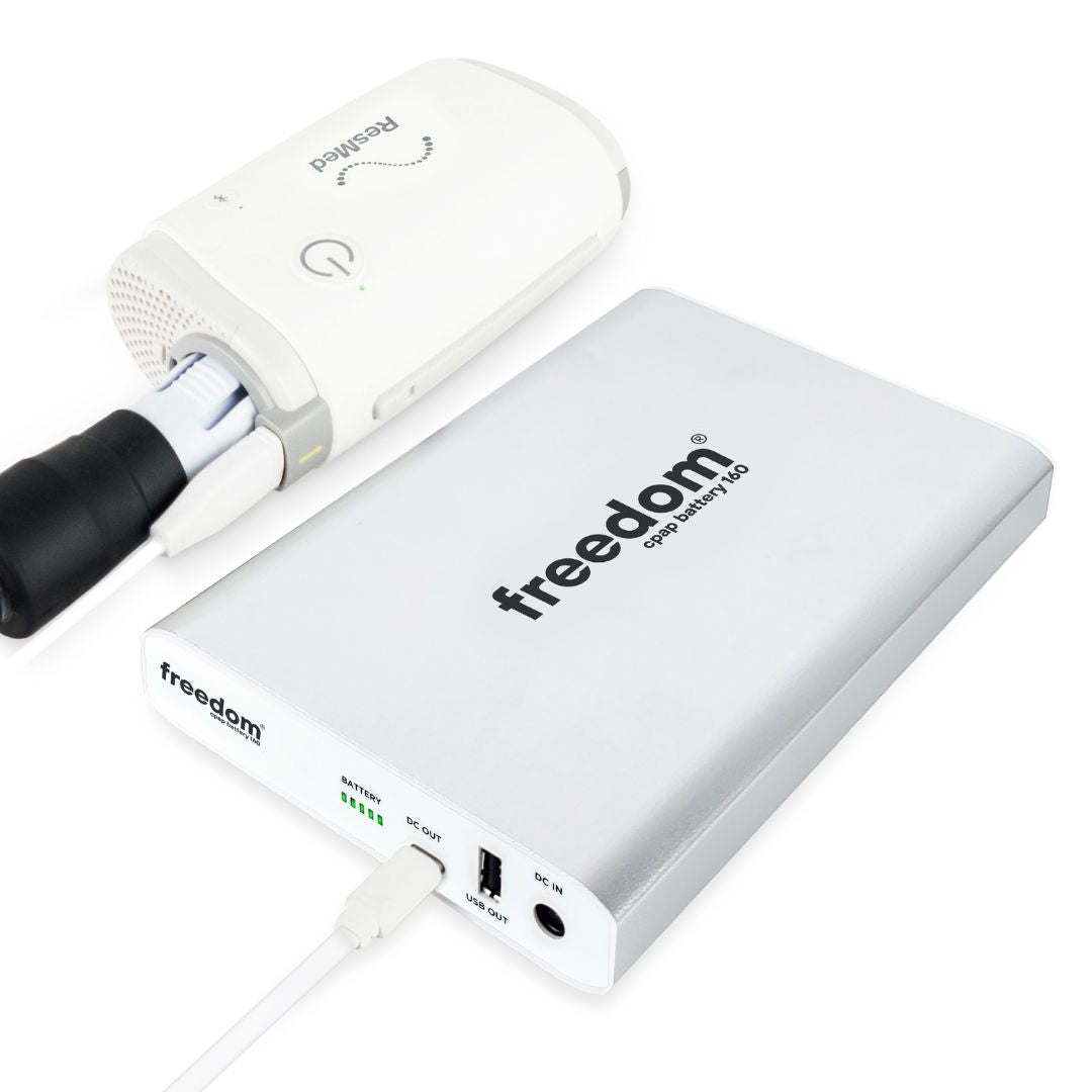 Freedom CPAP Battery 160 - Longest running CPAP battery with 3-5 nights of runtime. Compatible with ResMed AirSense 10, AirSense 11, AirMini, Philips Respironics DreamStation 1 & 2, React Luna G3, and Transcend Micro. Lightweight, portable, TSA and airline-friendly.