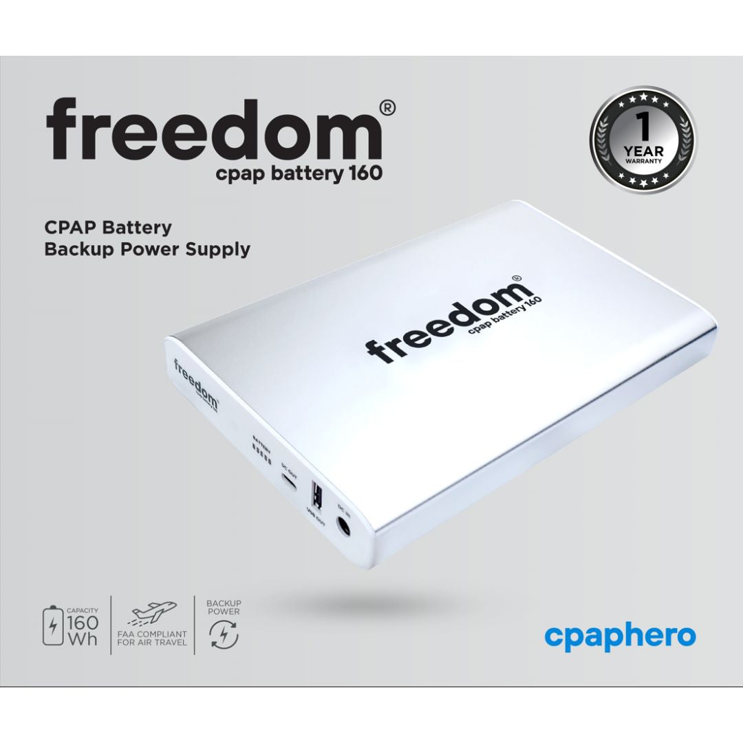 Freedom CPAP Battery 160 - Longest running CPAP battery with 3-5 nights of runtime. Compatible with ResMed AirSense 10, AirSense 11, AirMini, Philips Respironics DreamStation 1 & 2, React Luna G3, and Transcend Micro. Lightweight, portable, TSA and airline-friendly.