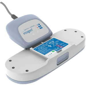 Image of the Inogen One G3 External Battery Charger with Power Supply, showing a compact and lightweight design. The charger is designed to charge both 8-cell and 16-cell batteries for the Inogen One G3 Portable Oxygen Concentrator. It includes an AC power supply and is ideal for travel and everyday use.