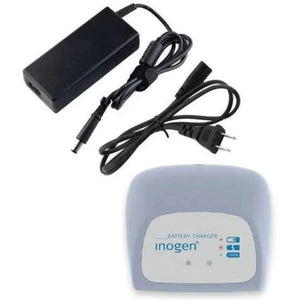 Image of the Inogen One G3 External Battery Charger with Power Supply, showing a compact and lightweight design. The charger is designed to charge both 8-cell and 16-cell batteries for the Inogen One G3 Portable Oxygen Concentrator. It includes an AC power supply and is ideal for travel and everyday use.