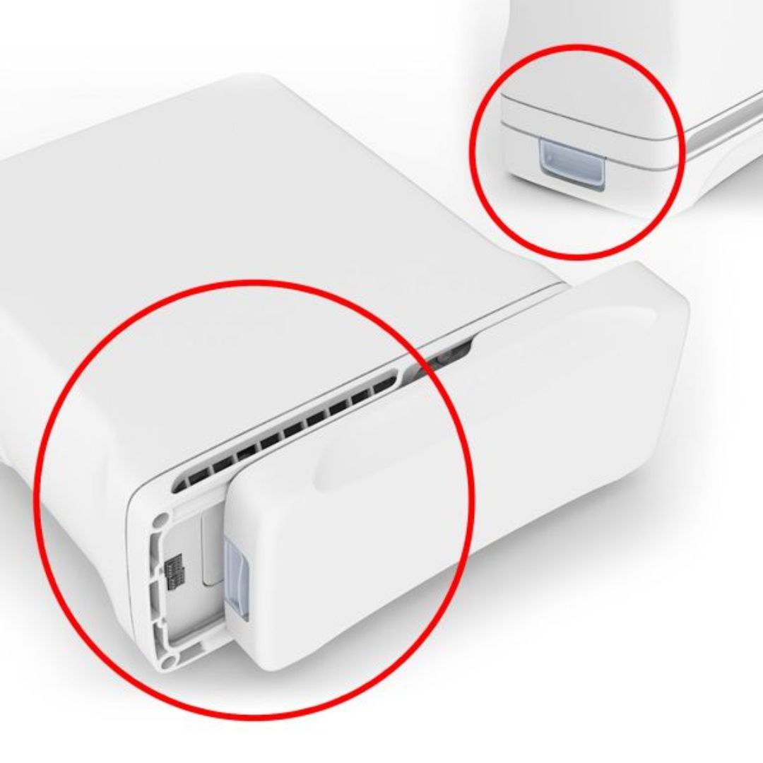 Close-up of Inogen One G4 portable oxygen concentrator battery pack and slot for rechargeable lithium-ion batteries