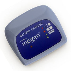 Image of the Inogen One G4 External Battery Charger with Power Supply. The charger is compact and lightweight, designed to charge both single and double batteries efficiently. It includes the charger unit, power supply, and AC input cord, making it a convenient accessory for users of the Inogen One G4 Portable Oxygen Concentrator.