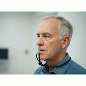 Senior man with COPD using LifePipe breathing mouthpiece accessory comfortably during daily activities