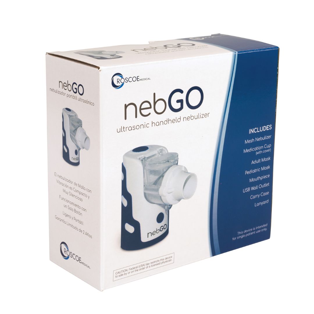 Portable Roscoe nebGO Nebulizer System with accessories, lightweight and compact design for on-the-go aerosol treatments