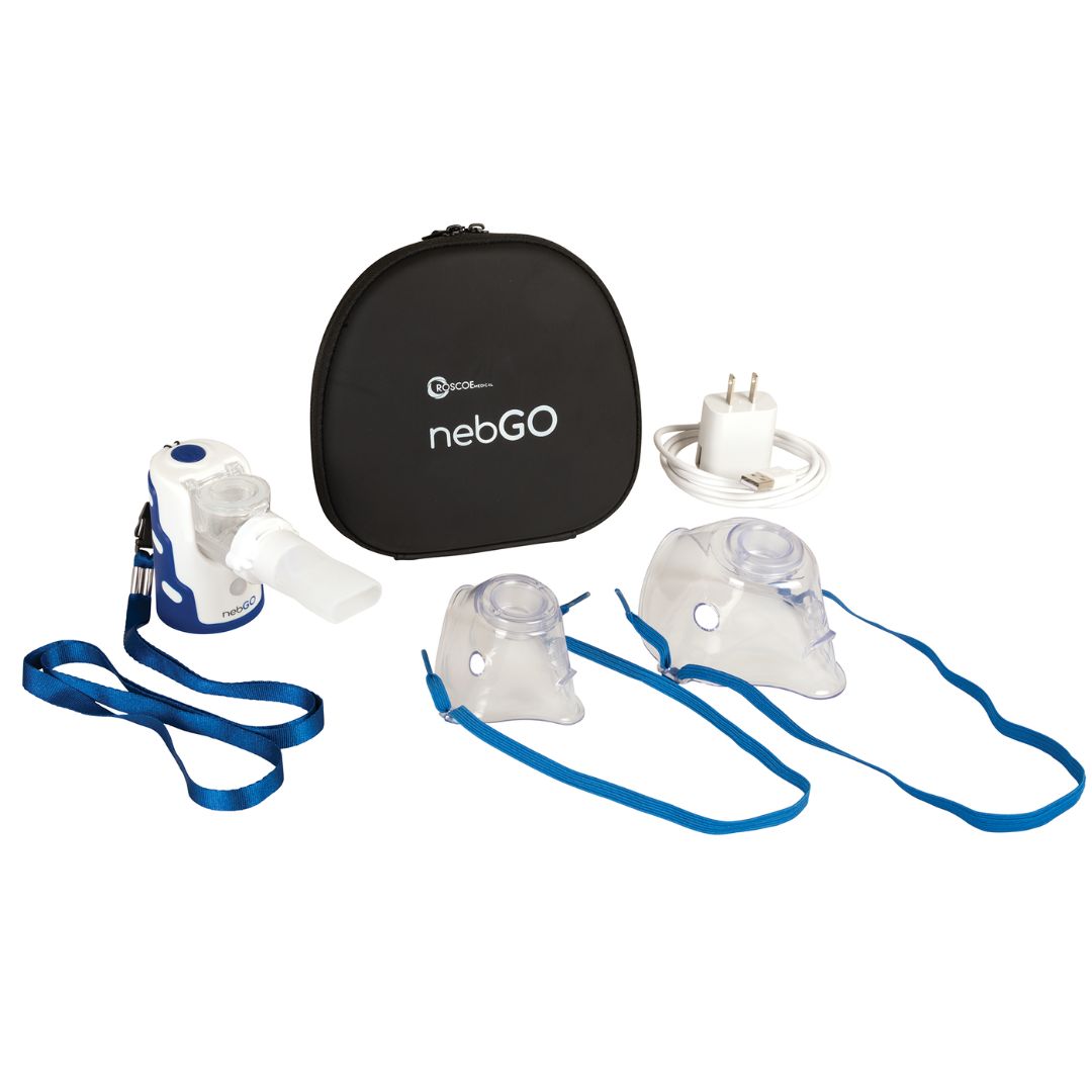 Portable Roscoe nebGO Nebulizer System with accessories, lightweight and compact design for on-the-go aerosol treatments