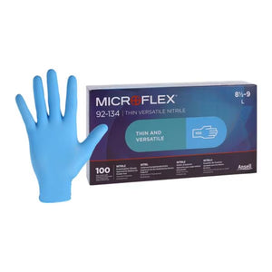 Microflex 92-134 Nitrile Exam Gloves Small Light Blue Non-Sterile, 10 Boxes per case.  Specifications:  CHLORINATED Not Made With Natural Rubber Latex Material used is Nitrile Non-Sterile