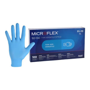 Microflex 92-134 Nitrile Exam Gloves Small Light Blue Non-Sterile, 10 Boxes per case.  Specifications:  CHLORINATED Not Made With Natural Rubber Latex Material used is Nitrile Non-Sterile