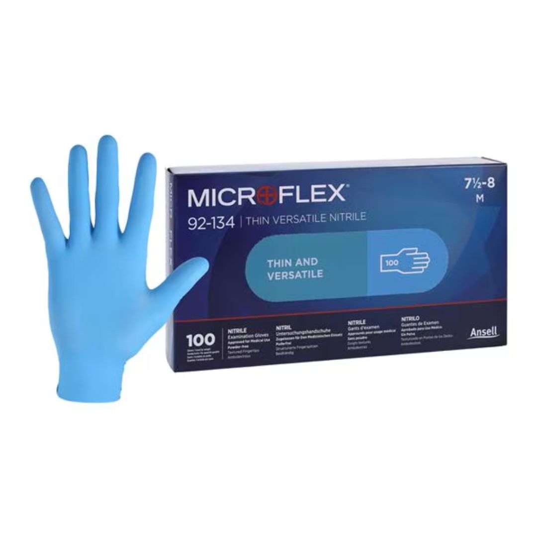 Microflex 92-134 Nitrile Exam Gloves Small Light Blue Non-Sterile, 10 Boxes per case.  Specifications:  CHLORINATED Not Made With Natural Rubber Latex Material used is Nitrile Non-Sterile