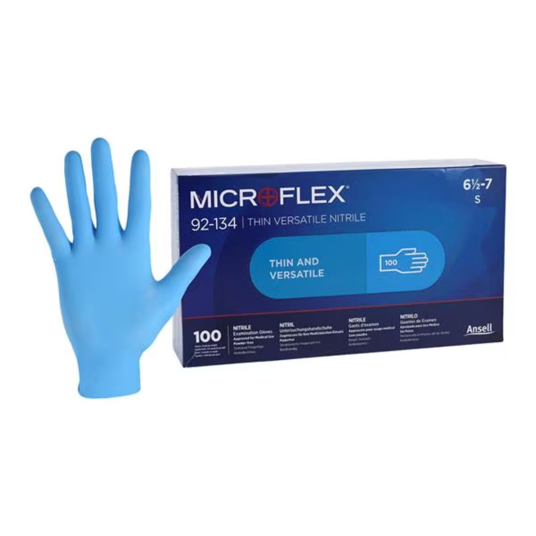 Microflex 92-134 Nitrile Exam Gloves Small Light Blue Non-Sterile, 10 Boxes per case.  Specifications:  CHLORINATED Not Made With Natural Rubber Latex Material used is Nitrile Non-Sterile