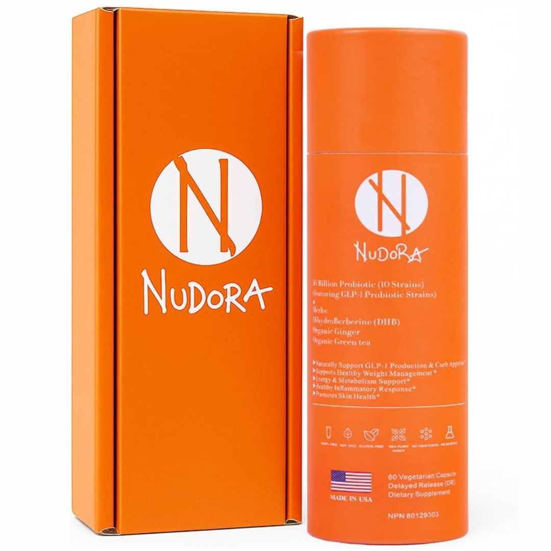 Orange Nudora product packaging with a cylindrical container and box on a white background
