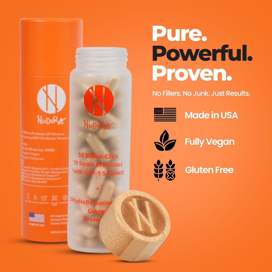 NudeApe supplement bottles and packaging on an orange background with branding and product features.