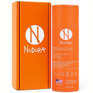 Orange Nudora product packaging with a cylindrical container and box on a white background