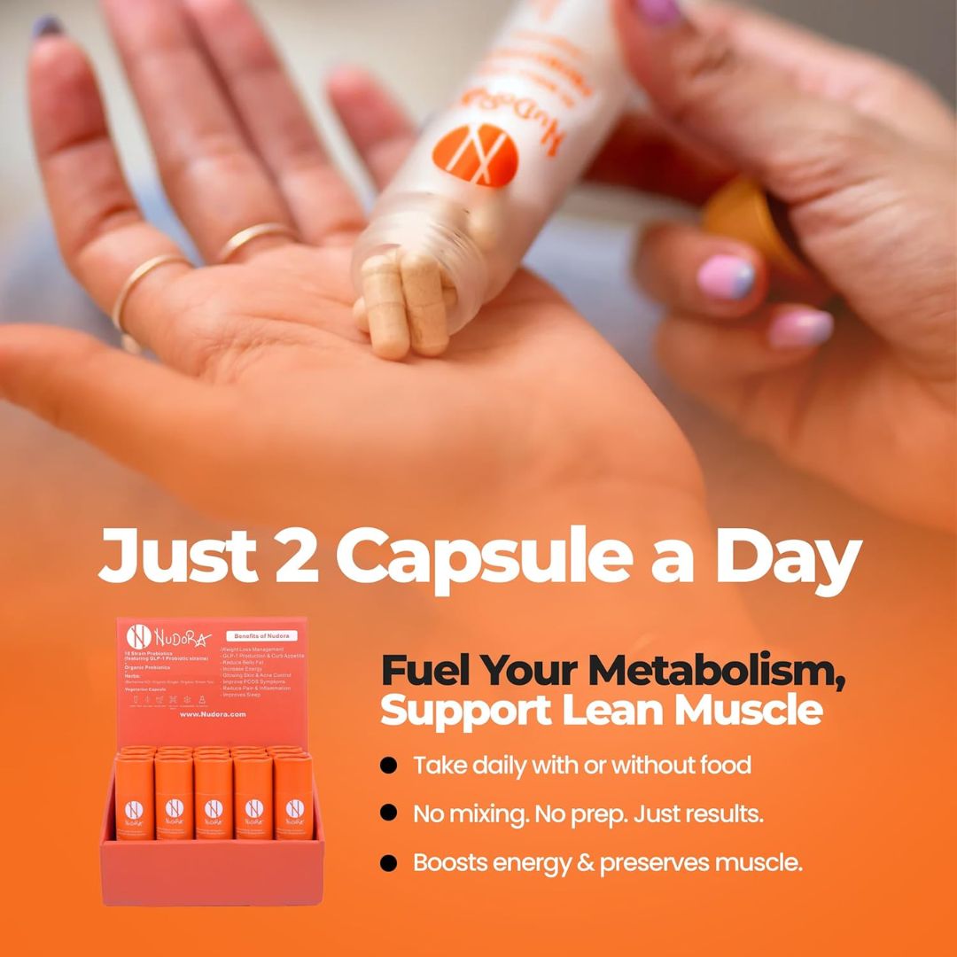 Person applying a supplement to their palm with text about daily capsule intake and product benefits.