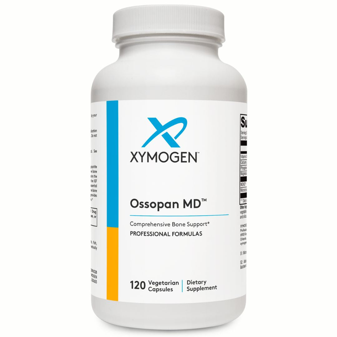 Supplement bottle labeled 'Ossopan MD' by Xymogen on a white background