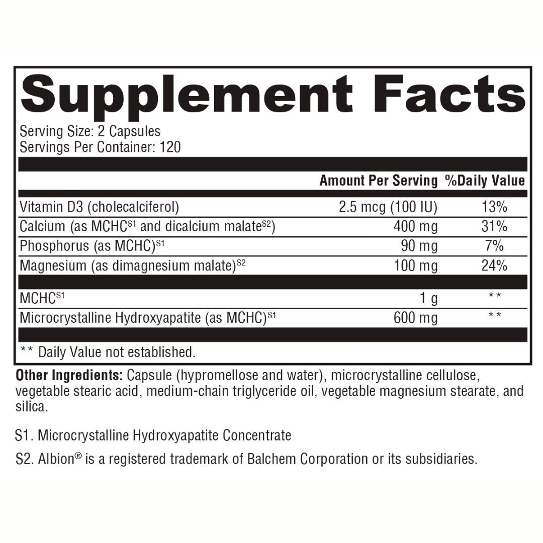 Supplement facts label with detailed nutritional information on a white background for Ossopan MD™ Bone Health Supplement – Supports Bone Strength & Metabolism with MCHC Complex