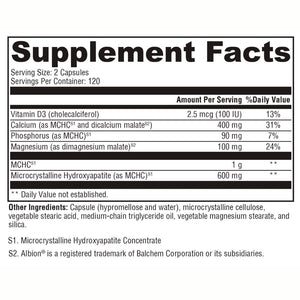 Supplement facts label with detailed nutritional information on a white background for Ossopan MD™ Bone Health Supplement – Supports Bone Strength & Metabolism with MCHC Complex