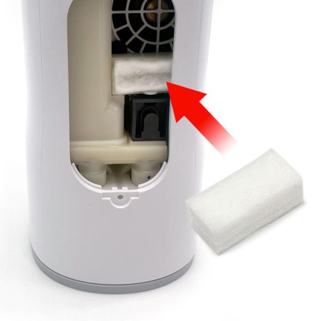 Rhythm P2, P2-E6, and P2-E7 cotton intake air filters (5-pack, SKU P2FC-1) for portable oxygen concentrators. White fibrous filters trap dust and debris to protect device performance.