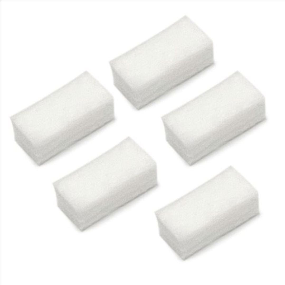 Rhythm P2, P2-E6, and P2-E7 cotton intake air filters (5-pack, SKU P2FC-1) for portable oxygen concentrators. White fibrous filters trap dust and debris to protect device performance.