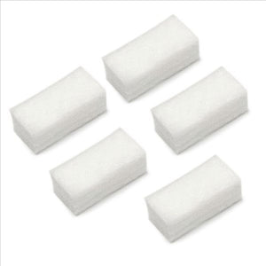 Rhythm P2, P2-E6, and P2-E7 cotton intake air filters (5-pack, SKU P2FC-1) for portable oxygen concentrators. White fibrous filters trap dust and debris to protect device performance.