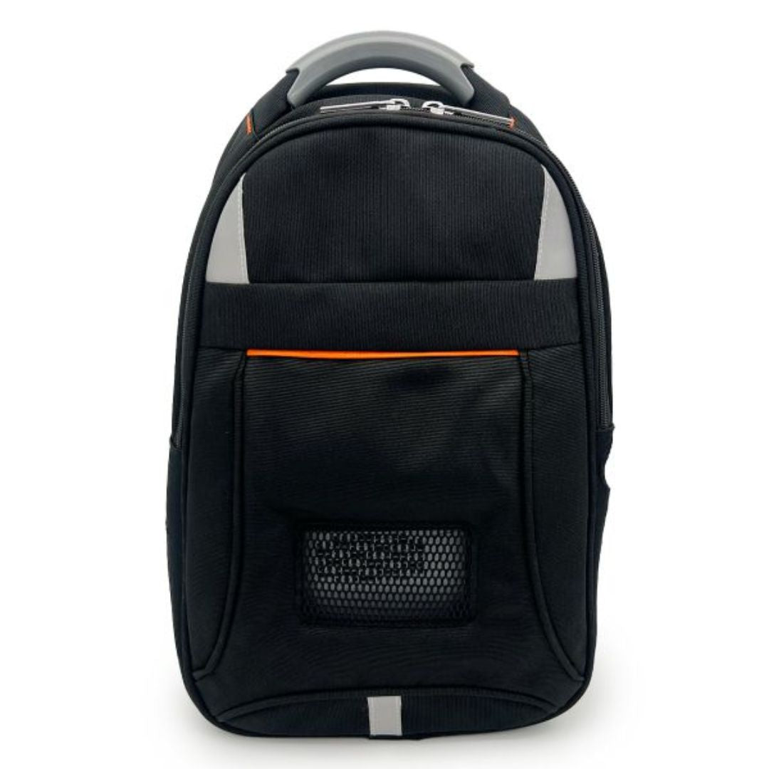 Backpack designed for Rhythm P2 Series Portable Oxygen Concentrators, featuring comfortable padded straps, additional storage pockets, and ventilation mesh panels.