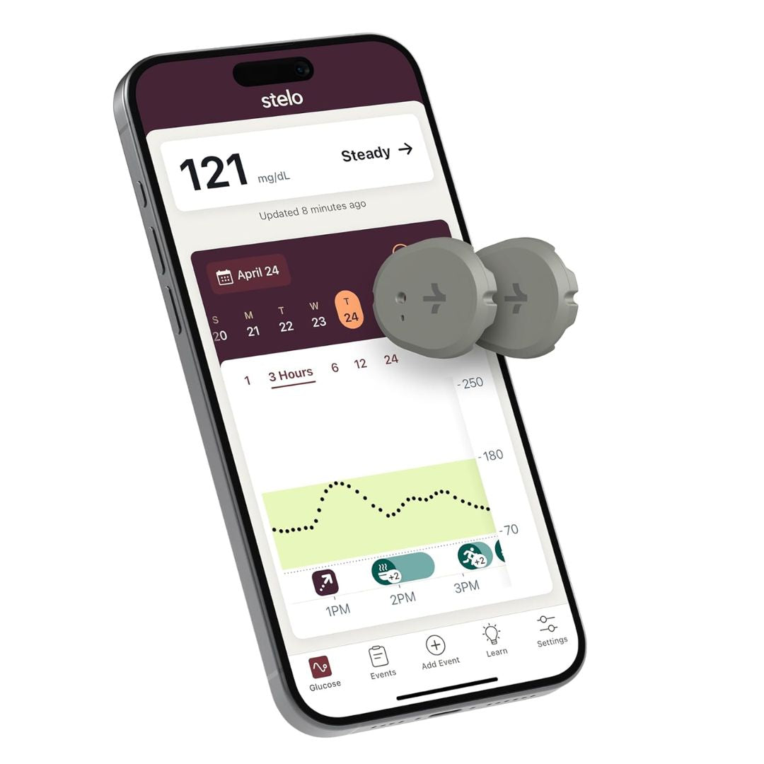 Smartphone displaying a health monitoring app with a stelo device attached on a white background