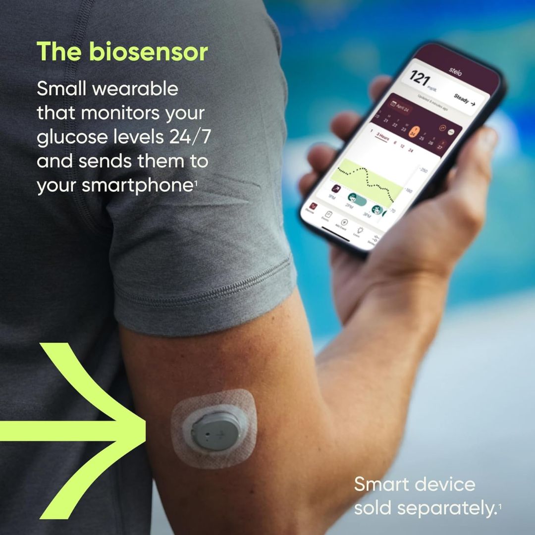 Smartphone displaying a health monitoring app with a stelo device attached.
