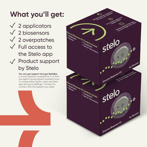 Stelo glucose biosensor kit packaging with product features listed on a white background