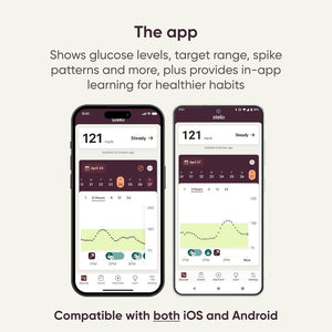 Two smartphone screens displaying a glucose monitoring app with text about app features and compatibility.