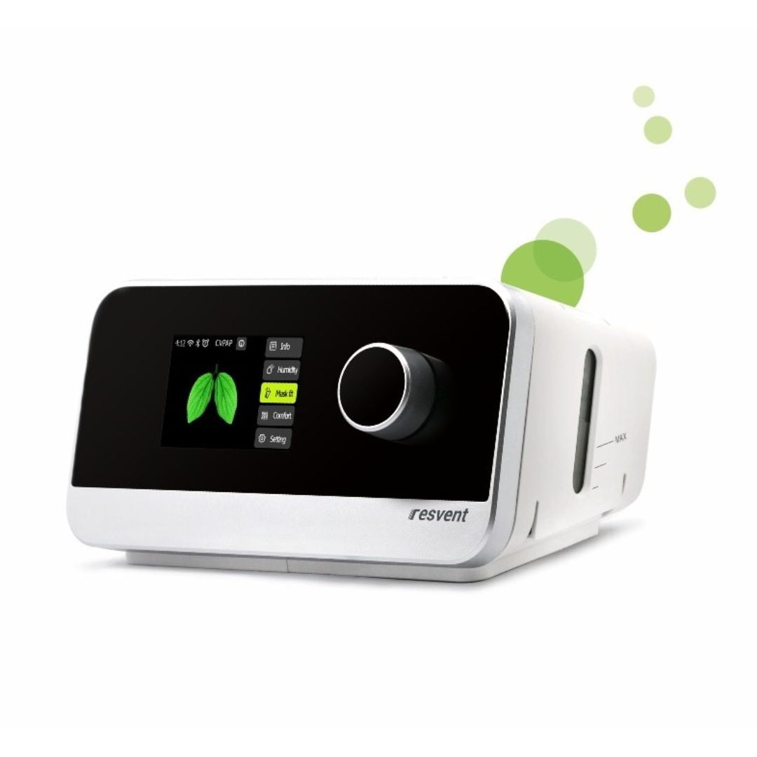 A Resvent iBreeze BiPAP machine with a color LCD display, knob for settings, and a carry bag icon indicating it comes with a bag.
