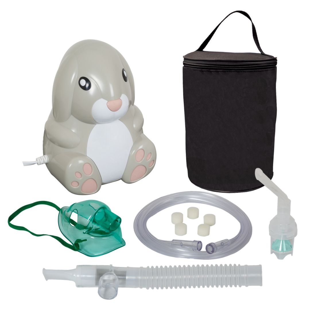 Roscoe Pediatric Bunny Nebulizer with cute bunny design, child-friendly mask, and portable compressor for effective asthma and respiratory treatments in kids.