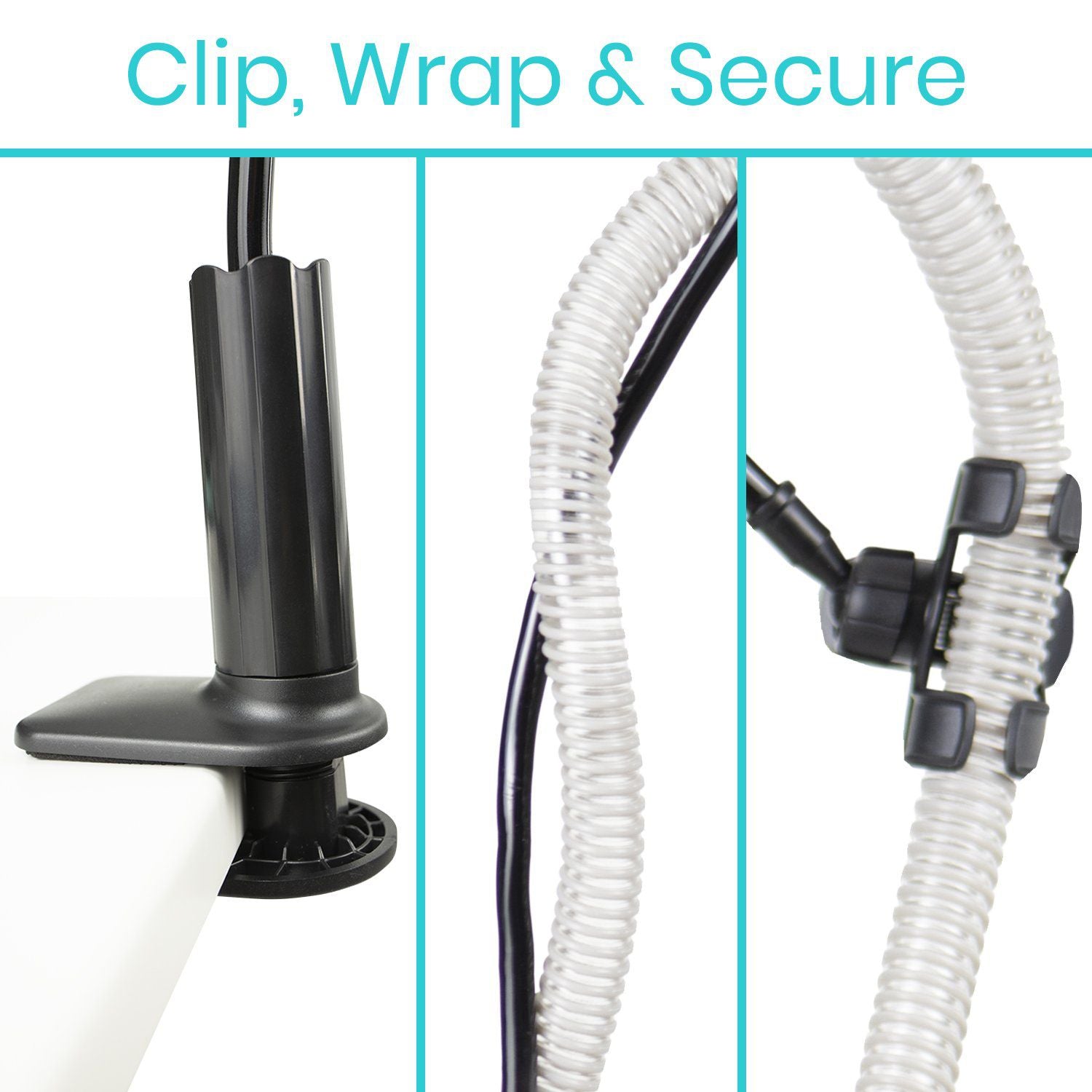 Vive CPAP hose holder mounts to headboard, nightstand or side table