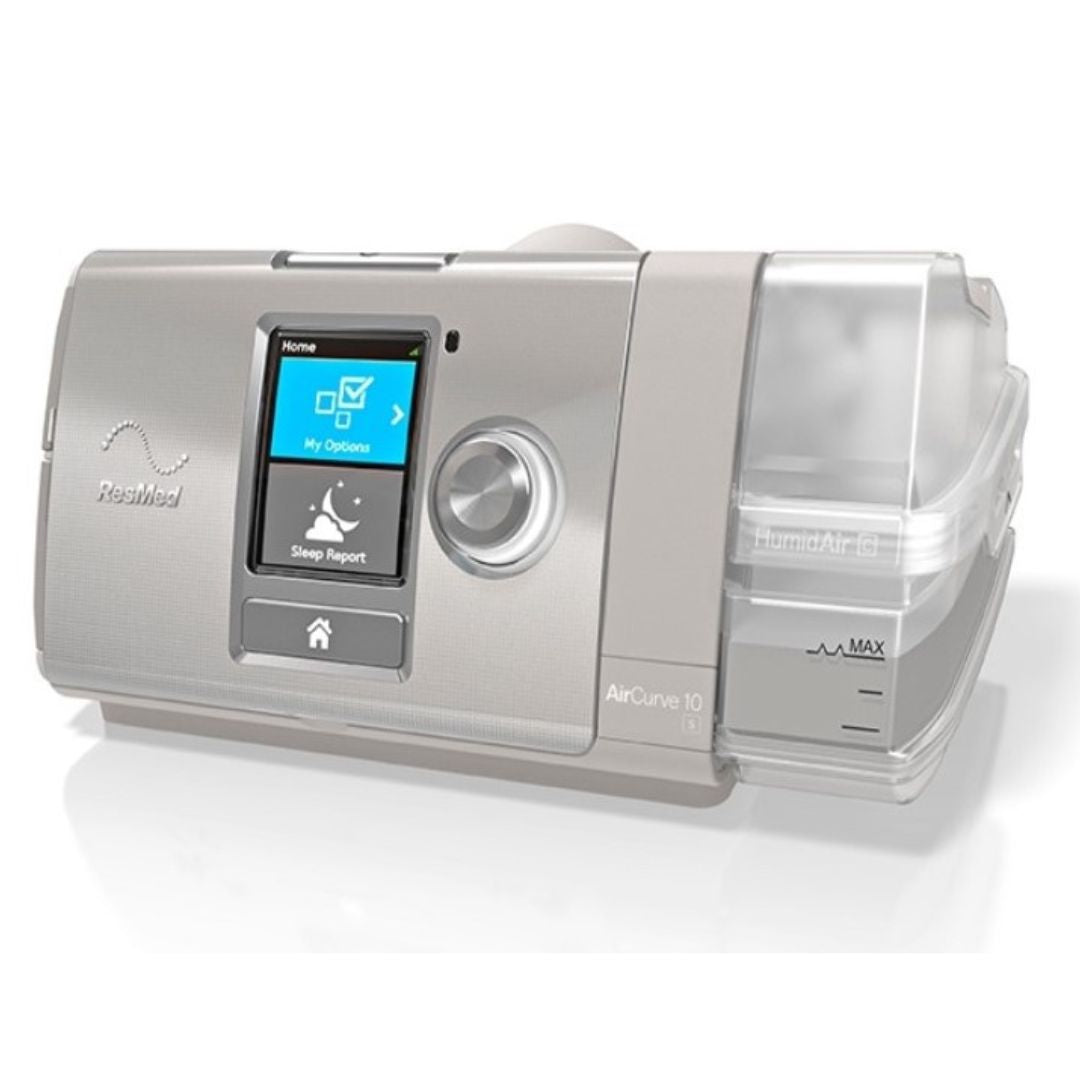 An auto-adjusting bilevel PAP machine, ResMed AirCurve™ 10 VAuto changes inhalation and exhalation airflow pressure levels based on patient needs and features a built-in humidifier.