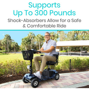 Vive Mobility Series A Mobility Scooter easily navigates over smooth, indoor and outdoor surfaces such as concrete, pavement, tile and carpeting.