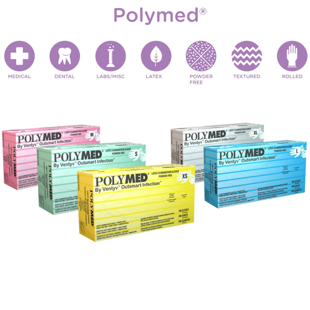 Polymed® is an examination glove that also has multipurpose use. It is a powder-free, multi-layered latex glove that combines the elasticity of latex and the strength of copolymers. Fusion bonding protects this glove against cracking and peeling in normal use.